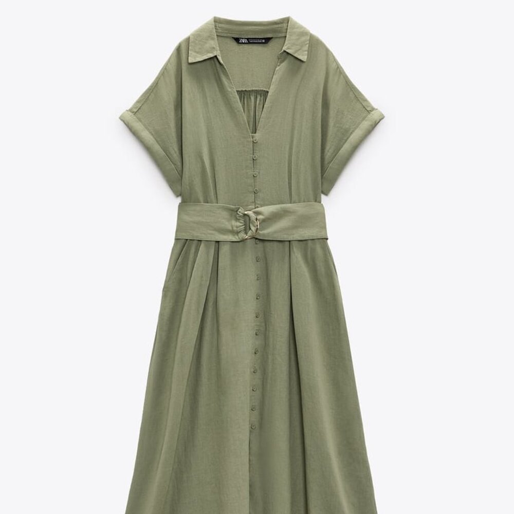 Zara Light Khaki Linen Blend Dress